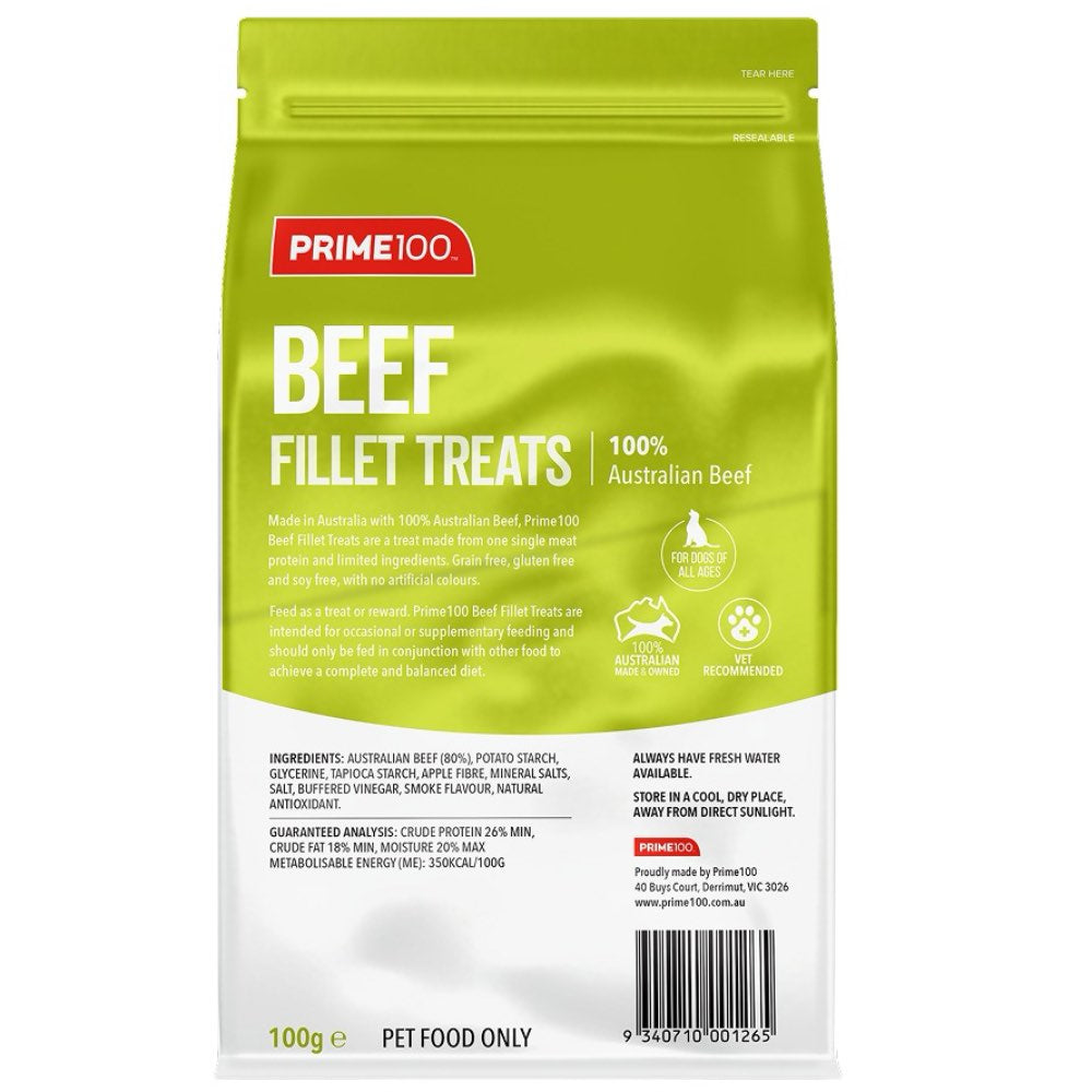 Prime100 Single Protein Beef Fillets Air Dried Dog Treats 100g